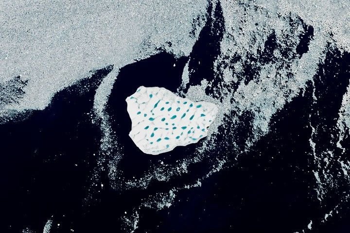summer heat wave — A detailed view shows the iceberg's bright white surface pocked with light blue meltwater ponds. Broken pieces of sea ice float around the ic